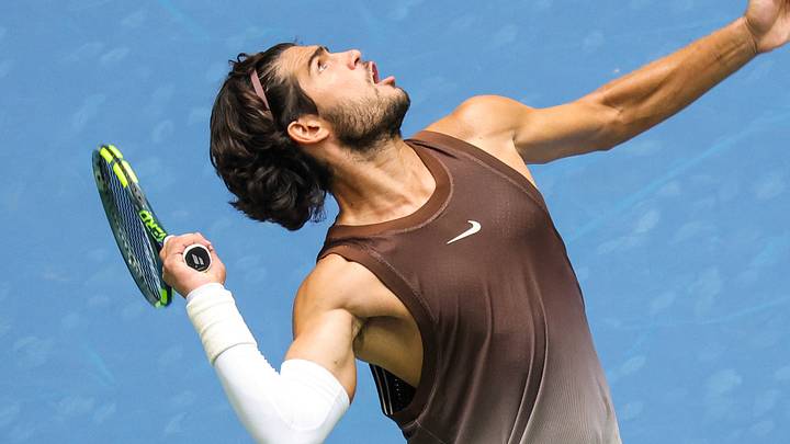 Professional tennis player Carlos Alcaraz during his first-round match at the 2026 US Open. 