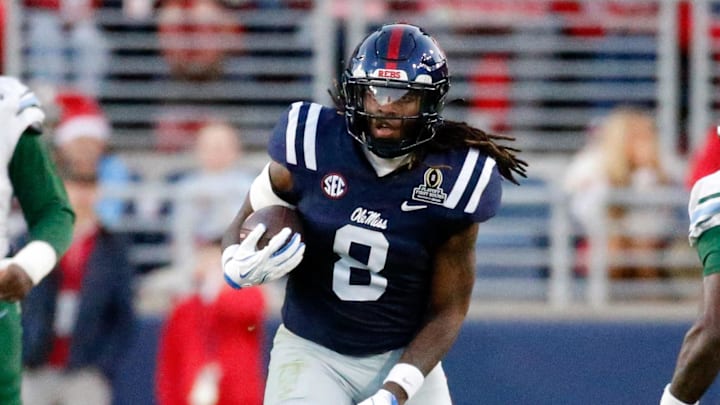 Dec 20, 2025; Oxford, MS, USA; Mississippi Rebels tight end Dae'Quan Wright (8) runs after a catch during the third quarter against the Tulane Green Wave at Vaught-Hemingway Stadium. Mandatory Credit: Petre Thomas-Imagn Images