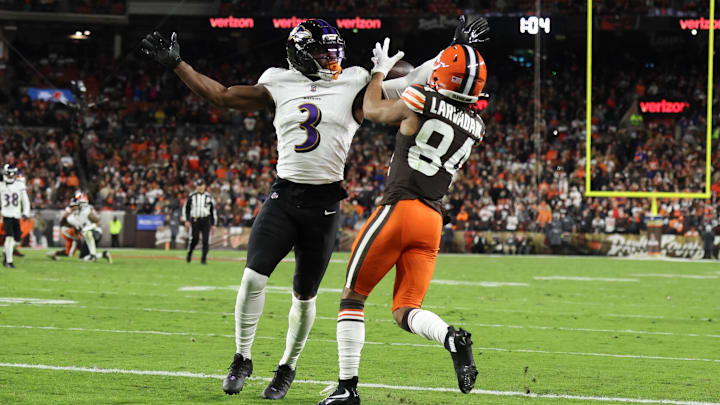 Nov 16, 2025; Cleveland, Ohio, USA; Baltimore Ravens cornerback Chidobe Awuzie (3) breaks up a pass intended for Cleveland Browns wide receiver Gage Larvadain (84) during the fourth quarter at Huntington Bank Field. Mandatory Credit: Scott Galvin-Imagn Images