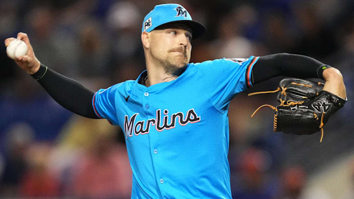 Mar 3, 2025; Port St. Lucie, Florida, USA;  Miami Marlins pitcher Janson Junk (89) pitches in the third inning against the New York Mets at Clover Park. Mandatory Credit: Jim Rassol-Imagn Images