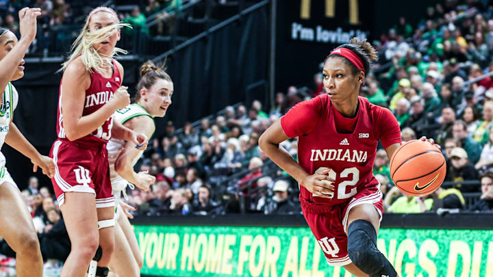 Indiana's Chloe Moore-McNeil drives against Oregon.