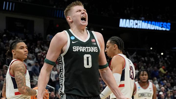 Michigan State forward Jaxon Kohler (0) reacts after getting fouled by Connecticut guard Solo Ball (1) during the second half of the 2026 NCAA Men's Basketball East Regional game against UConn at Capital One Arena in Washington DC on Friday, March 27, 2026.
Michigan State lost the game 67-63. Michigan State forward Jaxon Kohler (0) reacts after getting fouled by Connecticut guard Solo Ball (1) during the second half of the 2026 NCAA Men's Basketball East Regional game against UConn at Capital One Arena in Washington DC on Friday, March 27, 2026.
Michigan State lost the game 67-63.