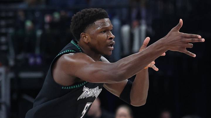 Nov 10, 2025; Salt Lake City, Utah, USA; Minnesota Timberwolves guard Anthony Edwards (5) reacts to a basket against the Utah Jazz during the first quarter at Delta Center. Mandatory Credit: Rob Gray-Imagn Images