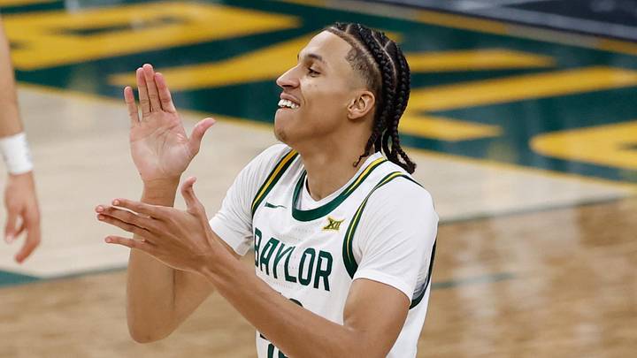 Dec 19, 2025; Waco, Texas, USA;  Baylor Bears guard Cameron Carr (43) reacts during the second half against the Alcorn State Braves at Paul and Alejandra Foster Pavilion. Mandatory Credit: Chris Jones-Imagn Images
