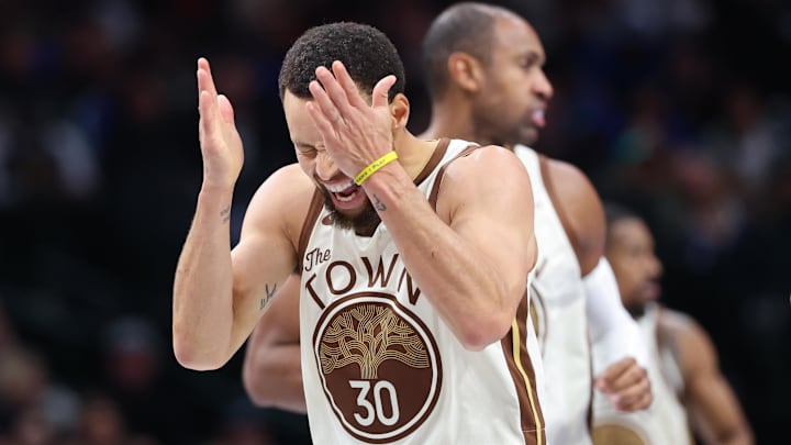 Jan 22, 2026; Dallas, Texas, USA; Golden State Warriors guard Stephen Curry (30) reacts against the Dallas Mavericks during the second half at American Airlines Center. Mandatory Credit: Kevin Jairaj-Imagn Images