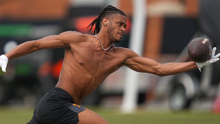 Chris Brazzell II reaches for the ball during the Tennessee pro day. Chris Brazzell II reaches for the ball during the Tennessee pro day.