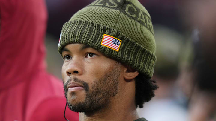 Arizona Cardinals quarterback Kyler Murray watches his team from the sidelines as they play the San Francisco 49ers at State Farm Stadium in Glendale on Nov. 16, 2025.