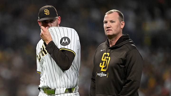 San Diego Padres pitcher Joe Musgrove (44) leaves the game during the fourth inning of game two in the Wildcard round for the 2024 MLB Playoffs against the Atlanta Braves at Petco Park on Oct. 2, 2024. San Diego Padres pitcher Joe Musgrove (44) leaves the game during the fourth inning of game two in the Wildcard round for the 2024 MLB Playoffs against the Atlanta Braves at Petco Park on Oct. 2, 2024.