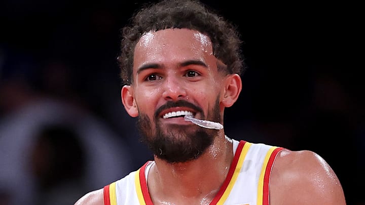 Trae Young #11 of the Atlanta Hawks looks on against the New York Knicks.