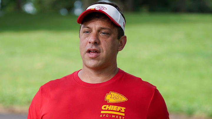 Jul 22, 2025; St. Joseph, MO, USA; Kansas City Chiefs general manager Brett Veach walks down the hill to the fields during training camp at Missouri Western State University. Mandatory Credit: Denny Medley-Imagn Images Jul 22, 2025; St. Joseph, MO, USA; Kansas City Chiefs general manager Brett Veach walks down the hill to the fields during training camp at Missouri Western State University. Mandatory Credit: Denny Medley-Imagn Images