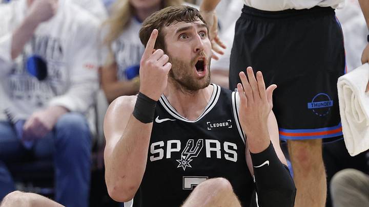May 26, 2026; Oklahoma City, Oklahoma, USA; San Antonio Spurs center Luke Kornet (7) reacts after a play during the third quarter against the Oklahoma City Thunder in game five of the western conference finals for the 2026 NBA playoffs at Paycom Center. Mandatory Credit: Alonzo Adams-Imagn Images May 26, 2026; Oklahoma City, Oklahoma, USA; San Antonio Spurs center Luke Kornet (7) reacts after a play during the third quarter against the Oklahoma City Thunder in game five of the western conference finals for the 2026 NBA playoffs at Paycom Center. Mandatory Credit: Alonzo Adams-Imagn Images