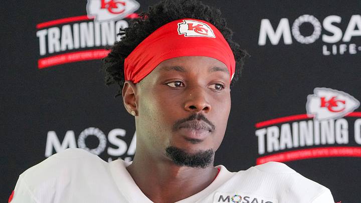 Aug 3, 2026; Kansas City, MO, USA; Kansas City Chiefs   safety Chamarri Conner (27) speaks to media after training camp at Missouri Western University. Mandatory Credit: Denny Medley-Imagn Images