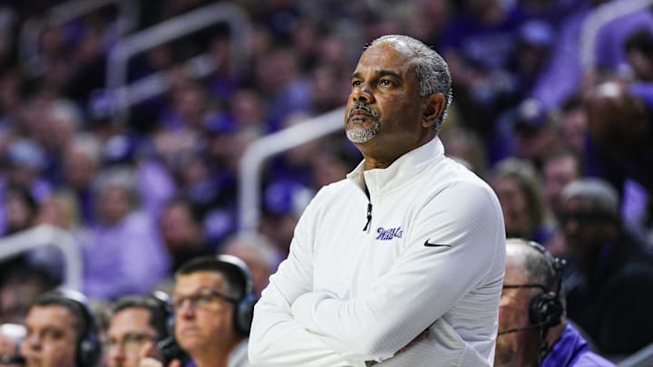 Dec 30, 2024; Manhattan, Kansas, USA; Kansas State Wildcats head coach Jerome Tang reacts during the second half against the Cincinnati Bearcats at Bramlage Coliseum. Mandatory Credit: Jay Biggerstaff-Imagn Images