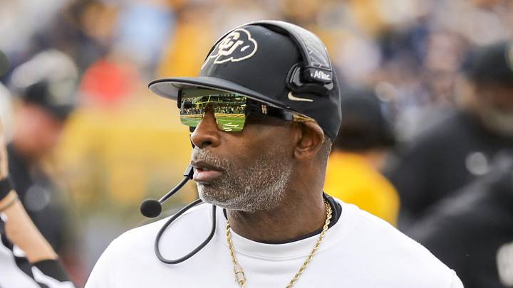 Nov 8, 2025; Morgantown, West Virginia, USA; Colorado Buffaloes head coach Deion Sanders walks along the sidelines late in the fourth quarter against the West Virginia Mountaineers at Milan Puskar Stadium. Mandatory Credit: Ben Queen-Imagn Images