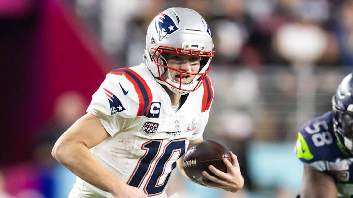 Feb 8, 2026; Santa Clara, CA, USA; New England Patriots quarterback Drake Maye (10) against the Seattle Seahawks during Super Bowl LX at Levi's Stadium. Mandatory Credit: Mark J. Rebilas-Imagn Images