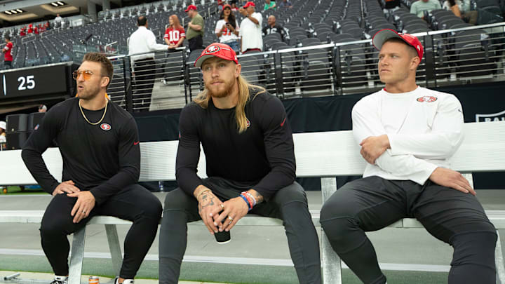 San Francisco 49ers  fullback Kyle Juszczyk (L), tight end George Kittle (C) and running back Christian McCaffrey (R)