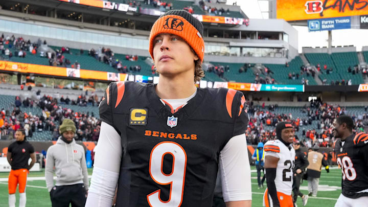 Cincinnati Bengals quarterback Joe Burrow (9) looks for hands to shake after the fourth quarter of the NFL Week 18 game between the Cincinnati Bengals and the Cleveland Browns at Paycor Stadium in Downtown Cincinnati on Sunday, Jan. 4, 2026. The Browns kicked a last second field goal to win 20-18. Cincinnati Bengals quarterback Joe Burrow (9) looks for hands to shake after the fourth quarter of the NFL Week 18 game between the Cincinnati Bengals and the Cleveland Browns at Paycor Stadium in Downtown Cincinnati on Sunday, Jan. 4, 2026. The Browns kicked a last second field goal to win 20-18.