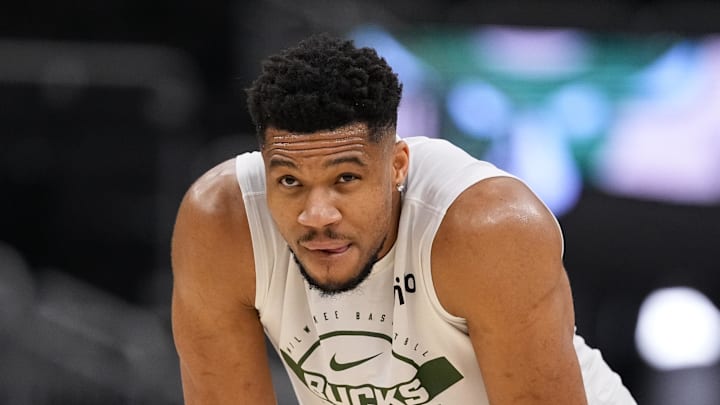 Milwaukee Bucks forward Giannis Antetokounmpo (34) during warmups prior to the game against the New Orleans Pelicans at Fiserv Forum.