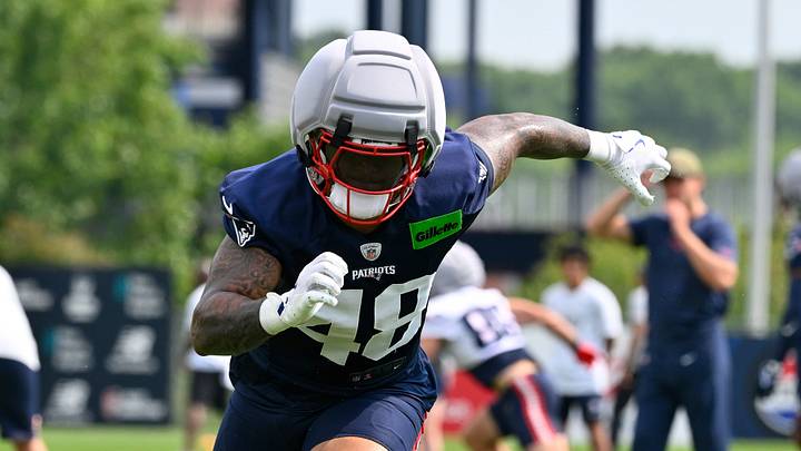 Jul 28, 2026; Foxborough, MA, USA; New England Patriots linebacker Namdi Obiazor (48) does a drill during training camp at Gillette Stadium. Mandatory Credit: Eric Canha-Imagn Images Jul 28, 2026; Foxborough, MA, USA; New England Patriots linebacker Namdi Obiazor (48) does a drill during training camp at Gillette Stadium. Mandatory Credit: Eric Canha-Imagn Images