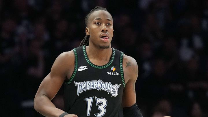May 15, 2026; Minneapolis, Minnesota, USA; Minnesota Timberwolves guard Ayo Dosunmu (13) dribbles the ball against the San Antonio Spurs in the second during game six of the second round of the 2026 NBA Playoffs at Target Center. Mandatory Credit: Jesse Johnson-Imagn Images