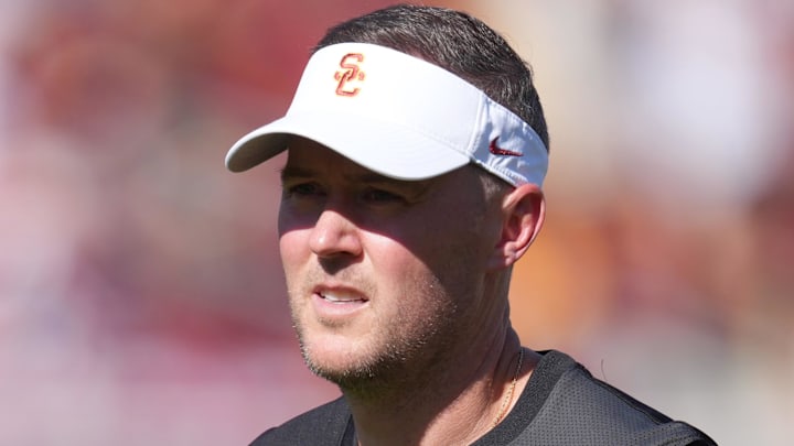 Aug 30, 2025; Los Angeles, California, USA; Southern California Trojans head coach Lincoln Riley reacts during the game against the Missouri State Bears at United Airlines Field at Los Angeles Memorial Coliseum. Mandatory Credit: Kirby Lee-Imagn Images