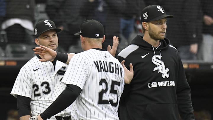 Chicago White Sox outfielder Andrew Benintendi (23) and first baseman Andrew Vaughn (25) celebrate after defeating the Los Angeles Angels at Rate Field. 