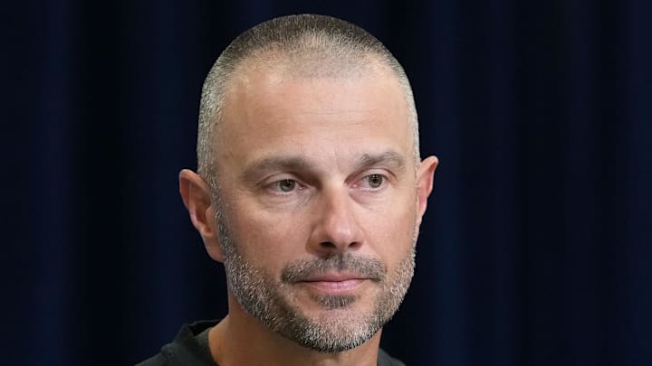 Feb 24, 2026; Indianapolis, IN, USA; Las Vegas Raiders general manager John Spytek speaks at the NFL Scouting Combine at the Indiana Convention Center. Mandatory Credit: Kirby Lee-Imagn Images Feb 24, 2026; Indianapolis, IN, USA; Las Vegas Raiders general manager John Spytek speaks at the NFL Scouting Combine at the Indiana Convention Center. Mandatory Credit: Kirby Lee-Imagn Images