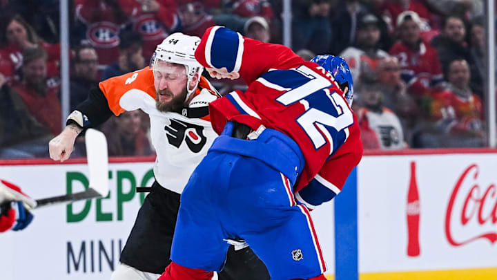 Nov 4, 2025; Montreal, Quebec, CAN; Philadelphia Flyers left wing Nicolas Deslauriers (44) fights against Montreal Canadiens defenseman Arber Xhekaj (72) during the third period at Bell Centre. Mandatory Credit: David Kirouac-Imagn Images