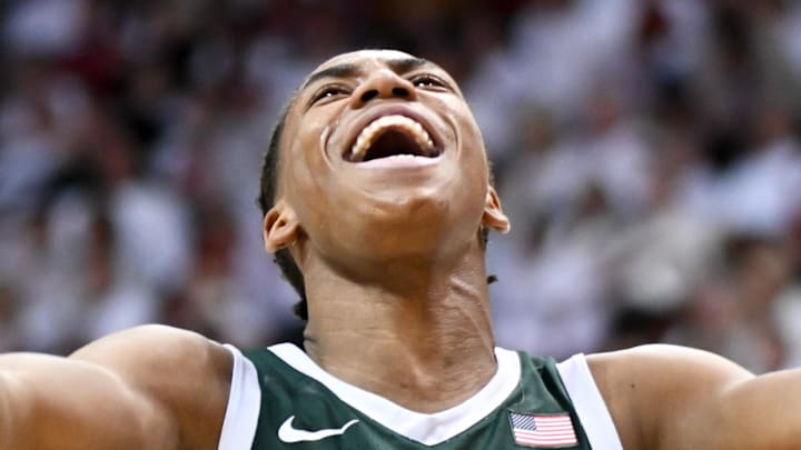 Mar 1, 2026; Bloomington, Indiana, USA; Michigan State Spartans guard Jeremy Fears Jr. (1) celebrates against the Indiana Hoosiers during the first half at Simon Skjodt Assembly Hall. Mar 1, 2026; Bloomington, Indiana, USA; Michigan State Spartans guard Jeremy Fears Jr. (1) celebrates against the Indiana Hoosiers during the first half at Simon Skjodt Assembly Hall.