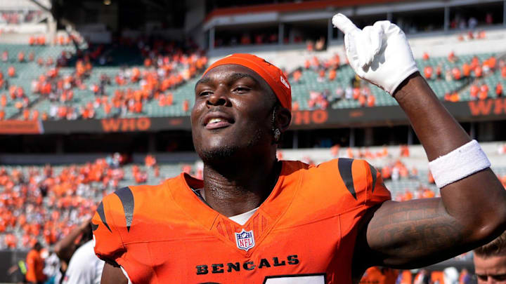 Cincinnati Bengals safety Jordan Battle (27) celebrates the Bengals 27-31 win over the Jacksonville Jaguars at Paycor Stadium on Sunday, September 14, 2025. Cincinnati Bengals safety Jordan Battle (27) celebrates the Bengals 27-31 win over the Jacksonville Jaguars at Paycor Stadium on Sunday, September 14, 2025.