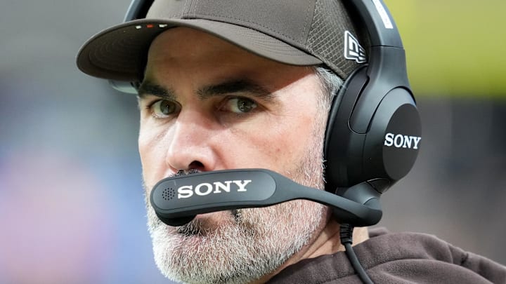 Nov 23, 2025; Paradise, Nevada, USA; Cleveland Browns head coach Kevin Stefanski looks on in the first half against the Las Vegas Raiders at Allegiant Stadium. Mandatory Credit: Stephen R. Sylvanie-Imagn Images