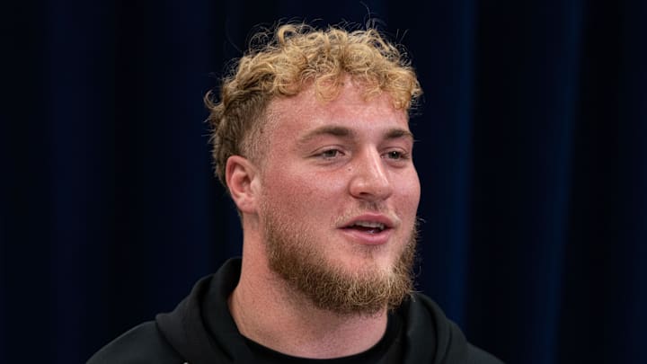 Feb 28, 2026; Indianapolis, IN, USA; UCLA offensive lineman Garrett Digiorgio (OL19) speaks to members of the media during the NFL Combine at the Indiana Convention Center. Mandatory Credit: Jacob Musselman-Imagn Images