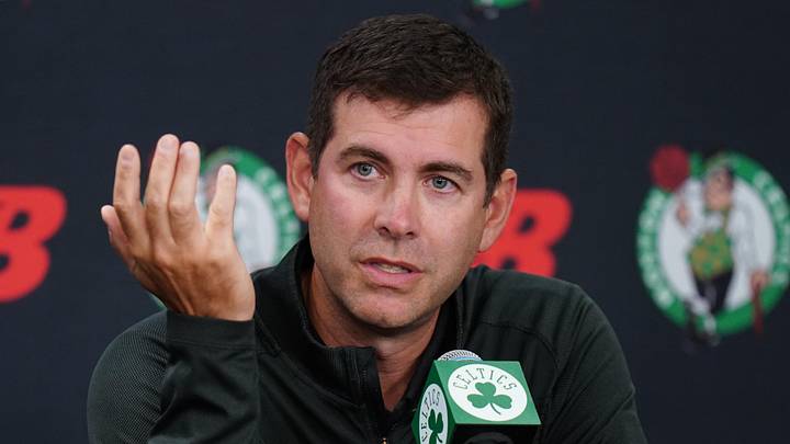Sep 29, 2025; Boston, MA, USA; Boston Celtics president of basketball operations Brad Stevens talks to reporters during media day at the Auerbach Center. Mandatory Credit: David Butler II-Imagn Images