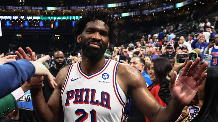 May 2, 2026; Boston, Massachusetts, USA; Philadelphia 76ers center Joel Embiid (21) gets congratulated as he leaves the court after their win over the Boston Celtics in game seven of the first round of the 2026 NBA Playoffs at TD Garden. Mandatory Credit: Winslow Townson-Imagn Images