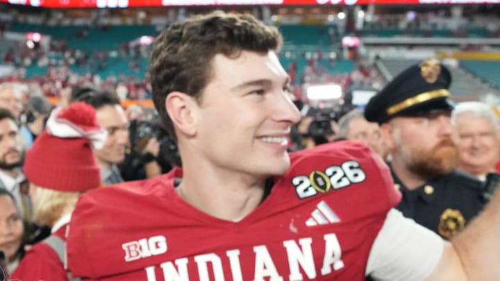 Jan 19, 2026; Miami Gardens, FL, USA; Indiana Hoosiers quarterback Fernando Mendoza (15) gestures after the CFP National Championship college football game against the Miami Hurricanes at Hard Rock Stadium. Mandatory Credit: Kirby Lee-Imagn Images