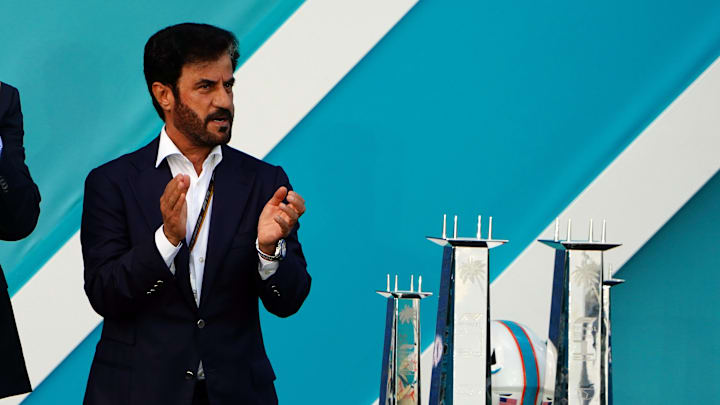 May 8, 2022; Miami Gardens, Florida, USA; Dan Marino and FIA president Mohammed Ben Sulayem applaud during the award ceremony following the Miami Grand Prix at Miami International Autodrome. Mandatory Credit: John David Mercer-Imagn Images May 8, 2022; Miami Gardens, Florida, USA; Dan Marino and FIA president Mohammed Ben Sulayem applaud during the award ceremony following the Miami Grand Prix at Miami International Autodrome. Mandatory Credit: John David Mercer-Imagn Images