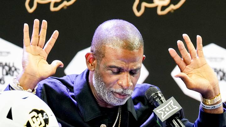 Colorado head coach Deion Sanders speaks to reporters during Big 12 Conference Football Media Days at The Star Colorado head coach Deion Sanders speaks to reporters during Big 12 Conference Football Media Days at The Star