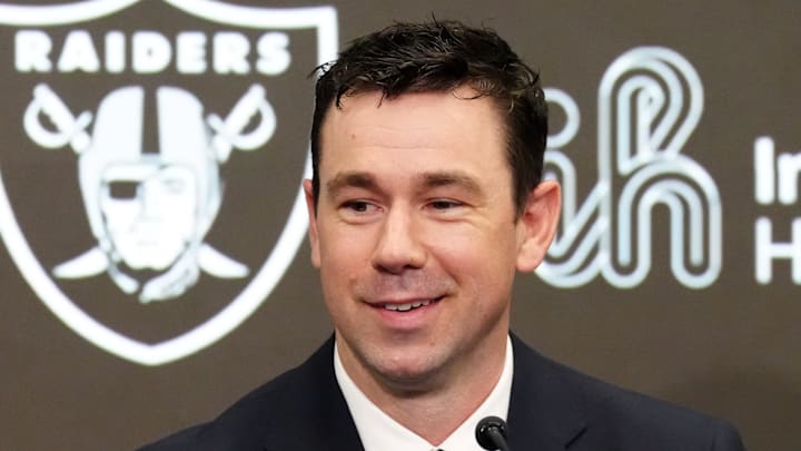 Feb 10, 2026; Henderson, NV, USA; Las Vegas Raiders coach Klint Kubiak speaks at introductory press conference at Intermountain Health Performance Center. Mandatory Credit: Kirby Lee-Imagn Images Feb 10, 2026; Henderson, NV, USA; Las Vegas Raiders coach Klint Kubiak speaks at introductory press conference at Intermountain Health Performance Center. Mandatory Credit: Kirby Lee-Imagn Images