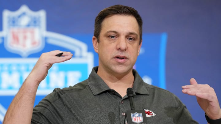 Feb 24, 2026; Indianapolis, IN, USA; Kansas City Chiefs general manager Brett Veach speaks at the NFL Scouting Combine at the Indiana Convention Center. Mandatory Credit: Kirby Lee-Imagn Images
