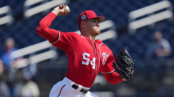 Feb 26, 2023; West Palm Beach, Florida, USA;  Washington Nationals pitcher Cade Cavalli (54) pitches in the second inning against the Houston Astros at The Ballpark of the Palm Beaches.