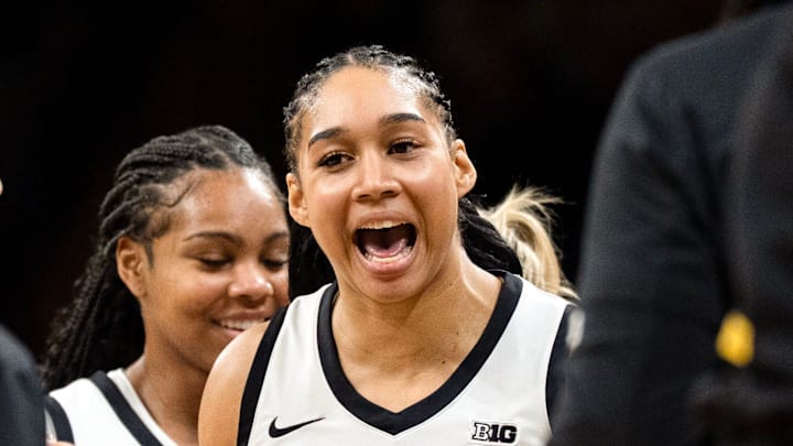 Iowa forward Hannah Stuelke (45) reacts during a basketball game against the Illinois Fighting Illini Feb. 26, 2026 at Carver-Hawkeye Arena in Iowa City, Iowa.