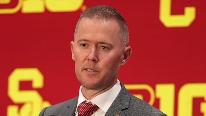 Jul 24, 2025; Las Vegas, NV, USA; USC head coach Lincoln Riley speaks to the media during the Big Ten NCAA college football media days at Mandalay Bay Resort. Mandatory Credit: Lucas Peltier-Imagn Images