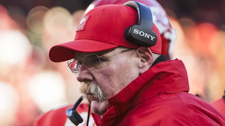 Dec 14, 2025; Kansas City, Missouri, USA; Kansas City Chiefs head coach Andy Reid stands on the sideline during the fourth quarter against the Los Angeles Chargers at GEHA Field at Arrowhead Stadium. Mandatory Credit: Denny Medley-Imagn Images