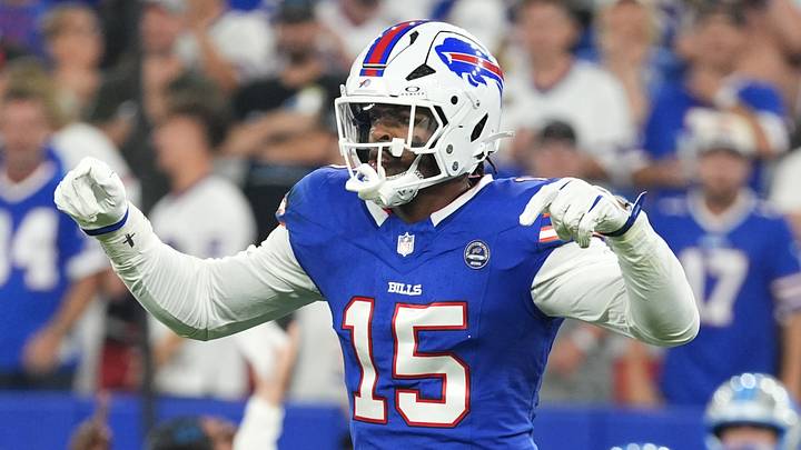 Sep 17, 2026; Orchard Park, New York, USA;  Buffalo Bills linebacker Greg Rousseau (15) reacts during the first half against the Detroit Lions at New Highmark Stadium.  Mandatory Credit: Gregory Fisher-Imagn Images