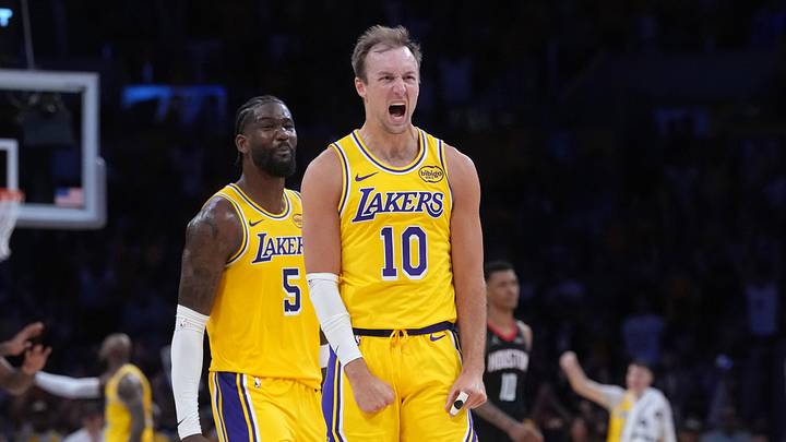 Apr 18, 2026; Los Angeles, California, USA; Los Angeles Lakers guard Luke Kennard (10) celebrates against the Houston Rockets in the second half during game one of the first round of the 2026 NBA Playoffs at Crypto.com Arena. Mandatory Credit: Kirby Lee-Imagn Images Apr 18, 2026; Los Angeles, California, USA; Los Angeles Lakers guard Luke Kennard (10) celebrates against the Houston Rockets in the second half during game one of the first round of the 2026 NBA Playoffs at Crypto.com Arena. Mandatory Credit: Kirby Lee-Imagn Images
