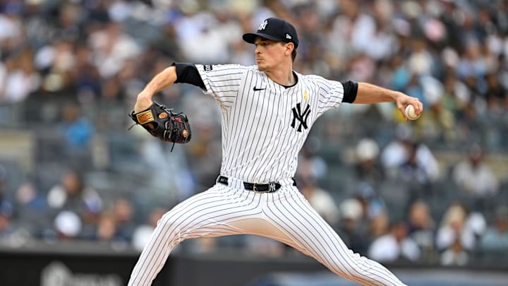 Sep 7, 2025; Bronx, New York, USA; New York Yankees starting pitcher Max Fried (54) pitches the ball during the third inning against the Toronto Blue Jays at Yankee Stadium. Mandatory Credit: Mark Smith-Imagn Images