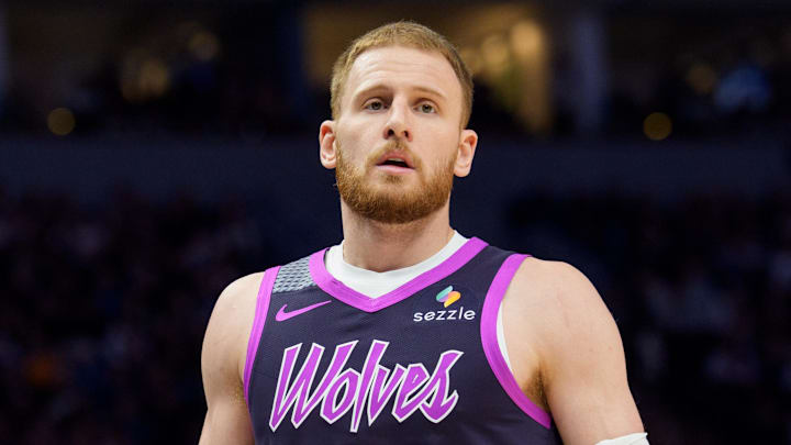 Feb 20, 2026; Minneapolis, Minnesota, USA; Minnesota Timberwolves guard Donte DiVincenzo (0) during a stoppage against the Dallas Mavericks in the third quarter at Target Center. Mandatory Credit: Matt Blewett-Imagn Images