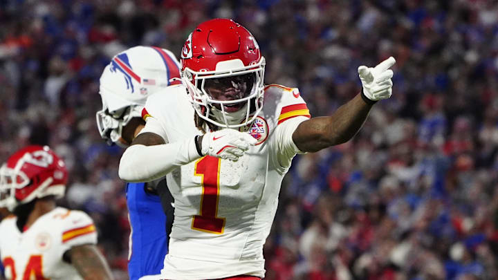 Nov 17, 2024; Orchard Park, New York, USA; Kansas City Chiefs wide receiver Xavier Worthy (1) signals a first down against the Buffalo Bills during the first half at Highmark Stadium. Mandatory Credit: Gregory Fisher-Imagn Images