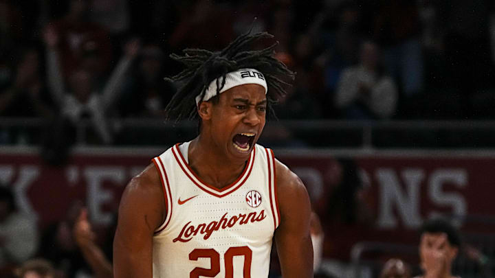 Texas Longhorns guard Tre Johnson (20) celebrates a score during the game against Tennessee at the Moody Center on Saturday, Jan. 11, 2025.