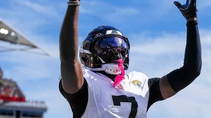 Jacksonville Jaguars wide receiver Brian Thomas Jr. (7) celebrates a touchdown catch in the second quarter of the NFL Week 4 game between the Cincinnati Bengals and the Jacksonville Jaguars at Paycor Stadium in Cincinnati on Sunday, Oct. 4, 2026.